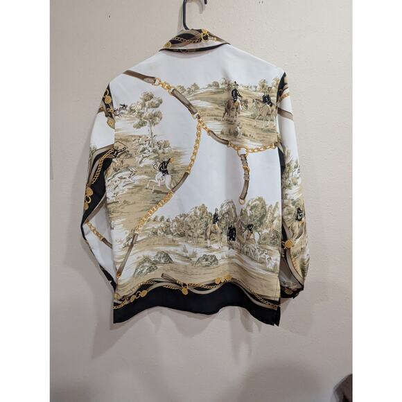 VINTAGE 90s Gianni Nicole women's size L hunting scene handkerchief style blouse - Picture 6 of 13